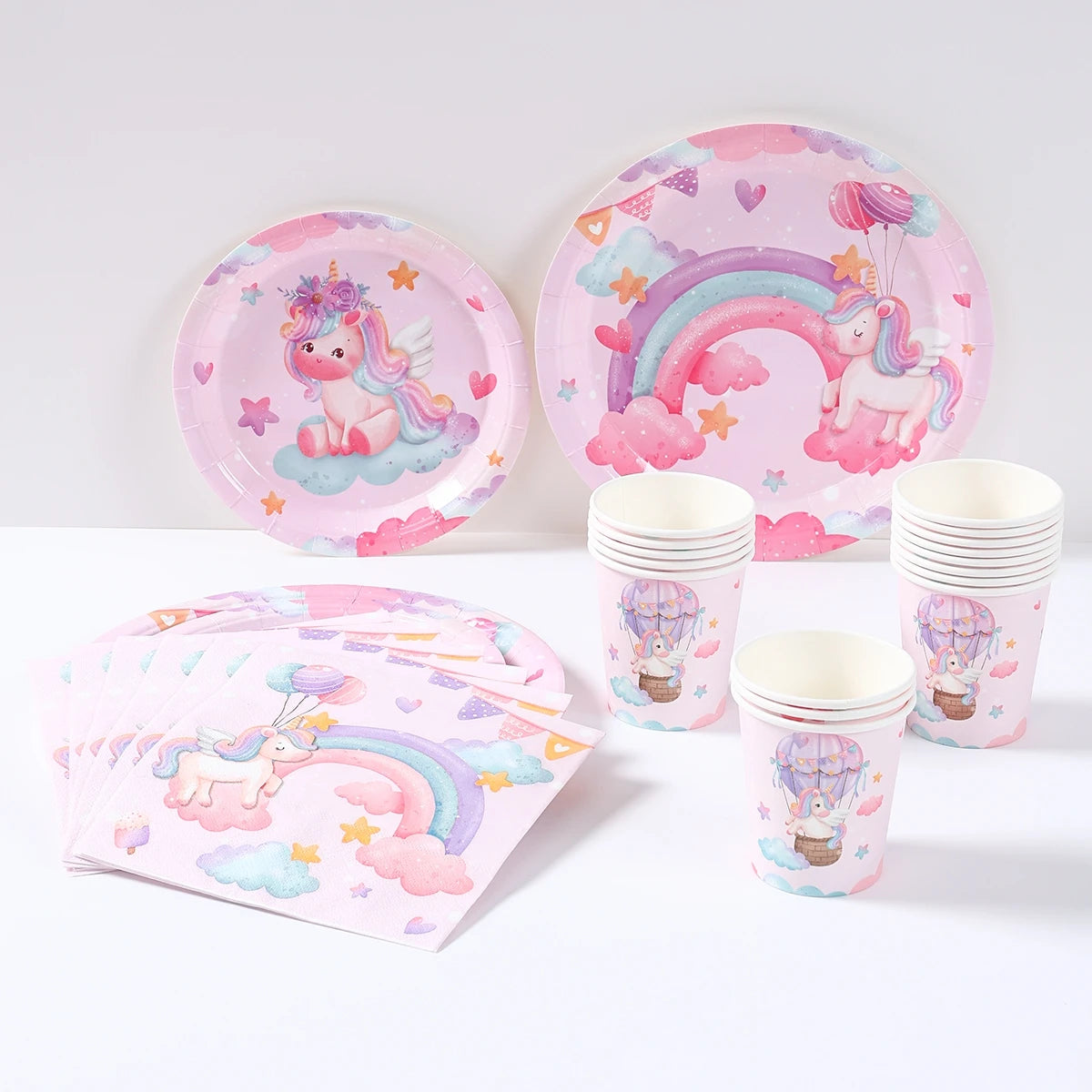 Juego de vajilla desechable de unicornio: platos, vasos, servilletas, decoración de fiesta de cumpleaños para niños y niñas, artículos para fiesta de cumpleaños de boda