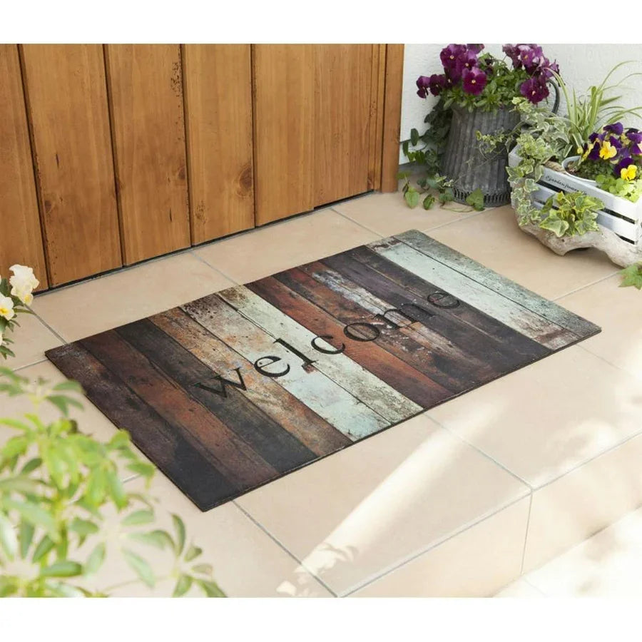 Felpudo de bienvenida con impresión de tabla de madera, diseño de letras simples, alfombra para el hogar, dormitorio, cocina, alfombrilla antideslizante para puerta