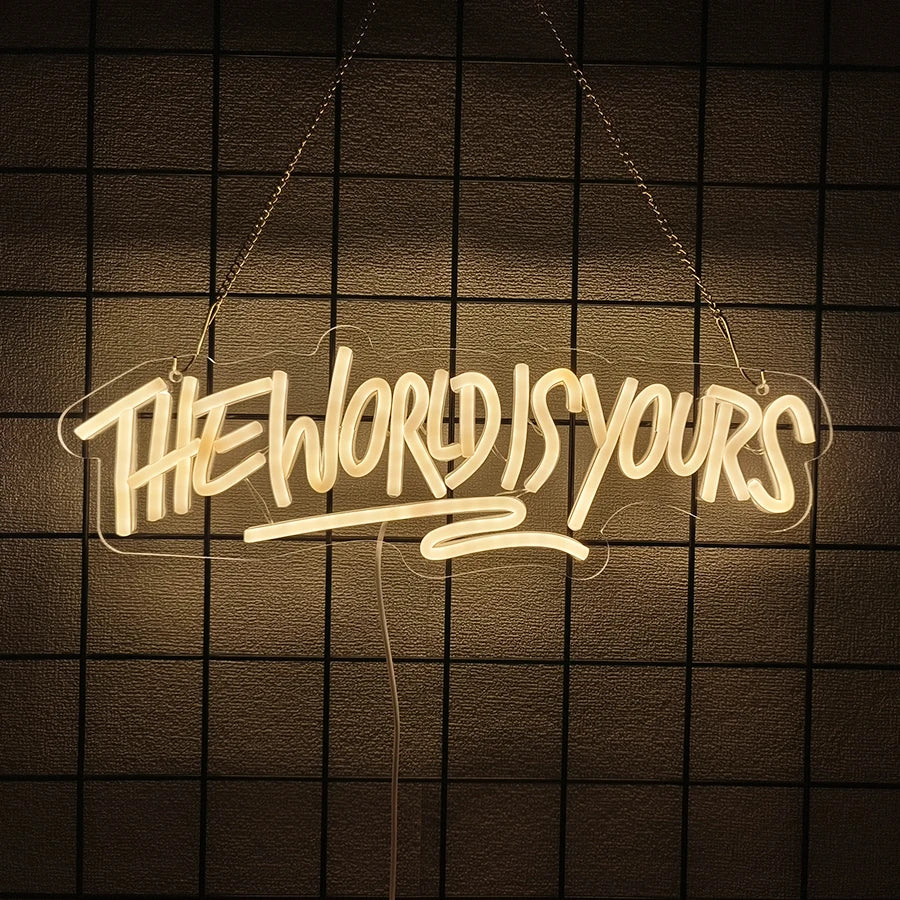 Enseigne néon "The World Is Yours", icône de lettre LED, alimentée par USB, utilisée pour la chambre, la maison, un rendez-vous de la Saint-Valentin, la décoration de fond de mariage.