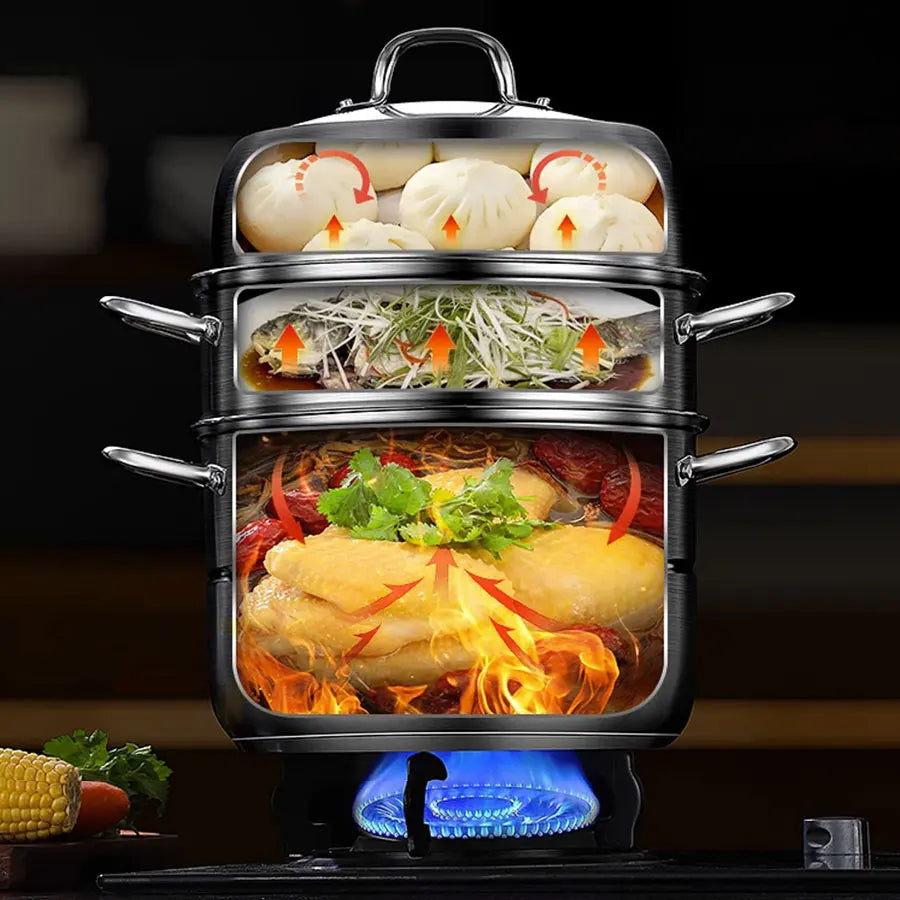 Nuevo producto: juego de ollas para cocinar al vapor de acero inoxidable 304, olla de acero inoxidable para cocinar al vapor y para sopa.