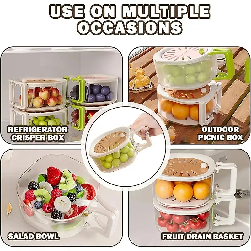 Cesto de drenaje de doble capa 2 en 1, escurridor de frutas, recipiente con asa plegable, colador de alimentos, plato de frutas engrosado, fácil de limpiar