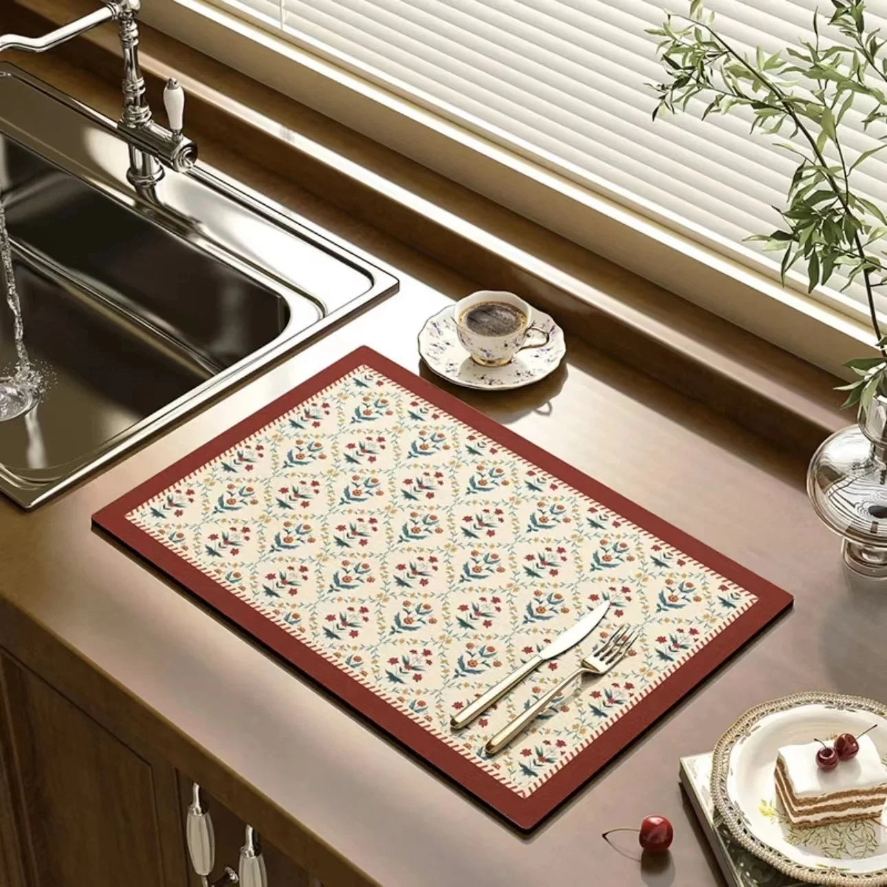VIKAMA Mantel Individual Súper Absorbente de Mármol Negro para Secar Platos, Alfombrilla Antideslizante para Botellas de Cocina, Vajilla de Lujo para Tetera, Bar, Mostrador