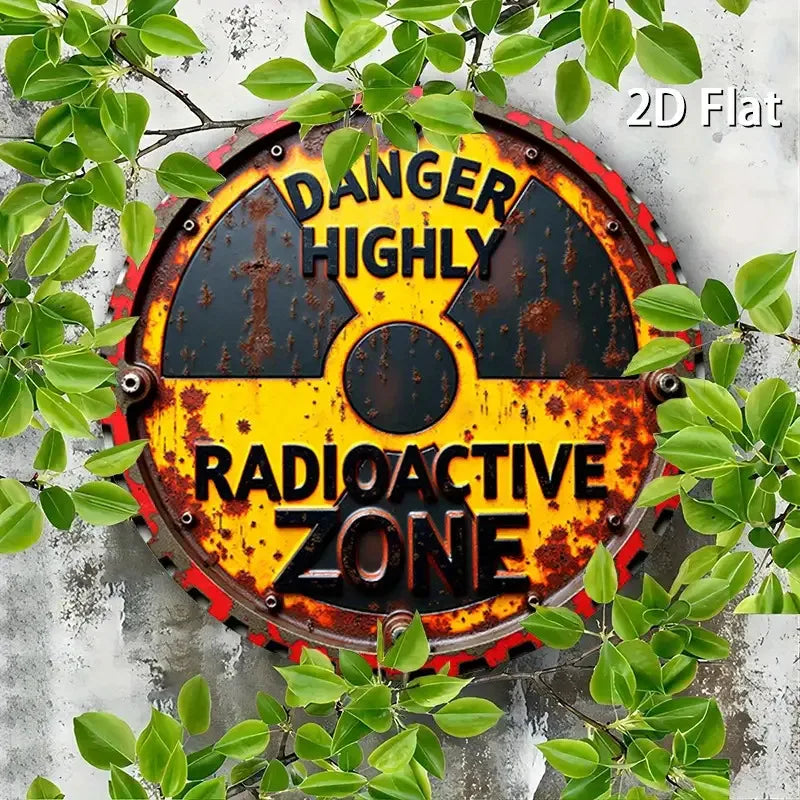 1ud. Letrero de aluminio redondo rústico de advertencia de radiación - Arte de pared de metal plano 2D de peligro nuclear, "PELIGRO ZONA ALTAMENTE Radioactiva"