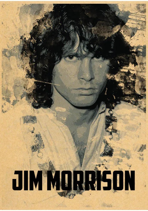 The Doors Jim Morrison Vintage Retro banda de rock música Guitarra Póster de papel kraft mate Adhesivo de pared Decoración de habitación del hogar