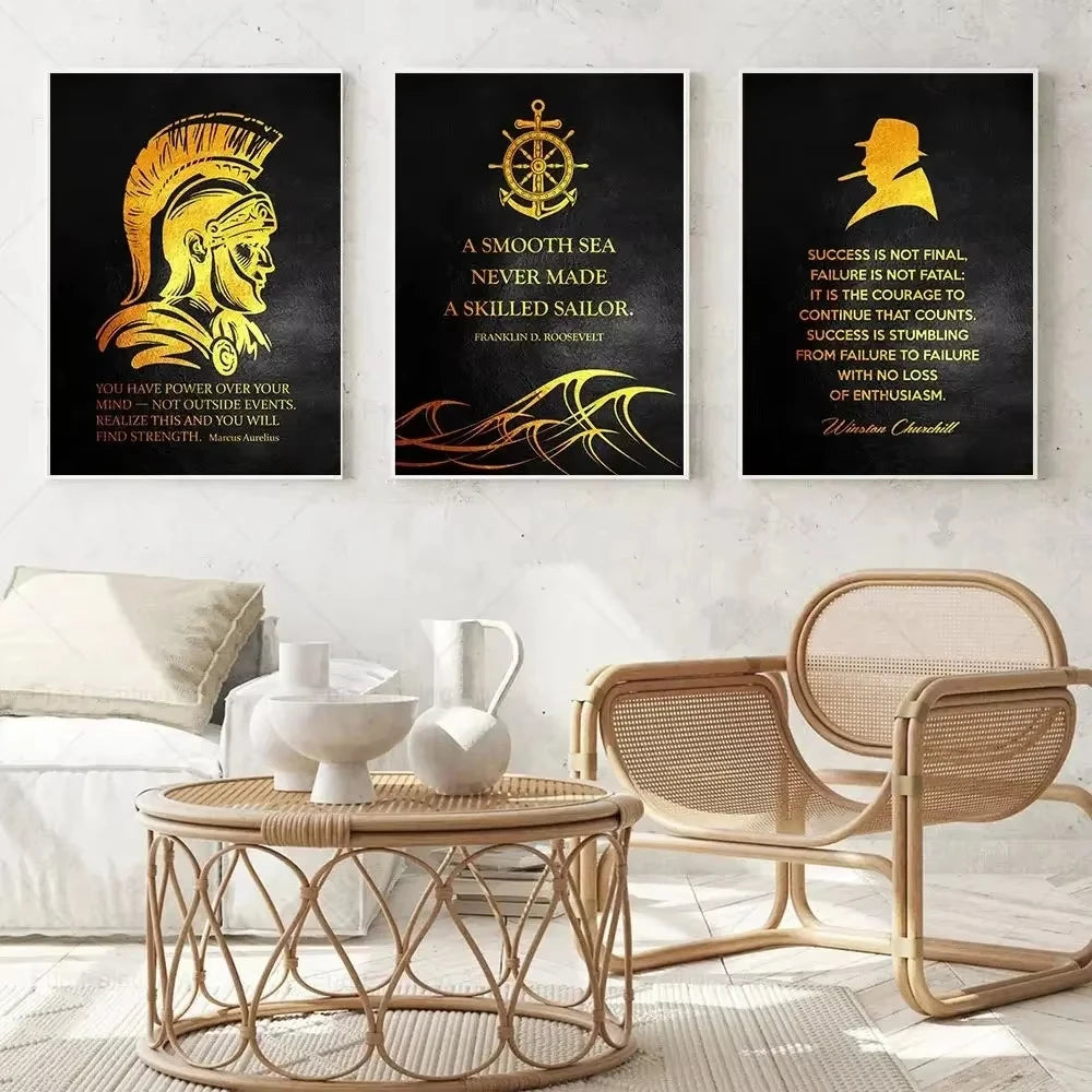 Pósteres de arte con citas motivacionales para pared, letras negras doradas, pintura inspiradora en lienzo, imagen artística para pared, decoración de oficina, sala de estar
