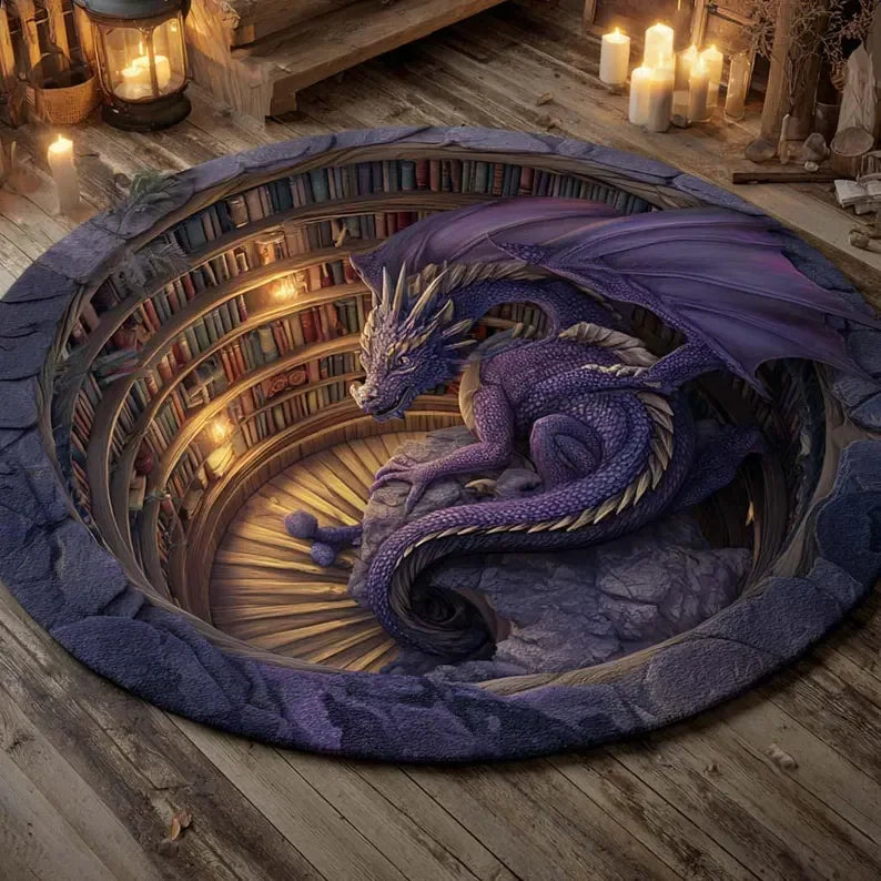 Tapis Rond Imprimé 3D Dragon Fantaisie, Tapis de Sol Illusion Trou de Dragon Bibliothèque, Tapis Rond Décoration Maison Gothique Mystique