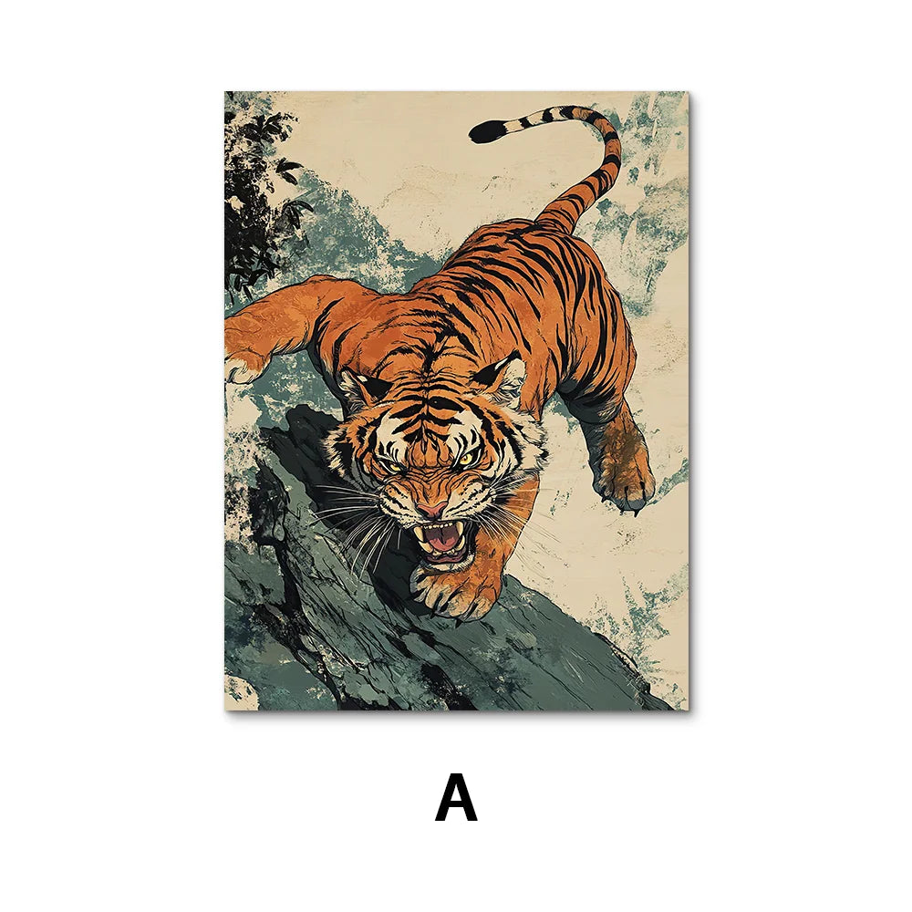 Lienzo vintage Ukiyo-e de tigre – Póster japonés de pared para sala de estar, dormitorio, decoración nórdica del hogar