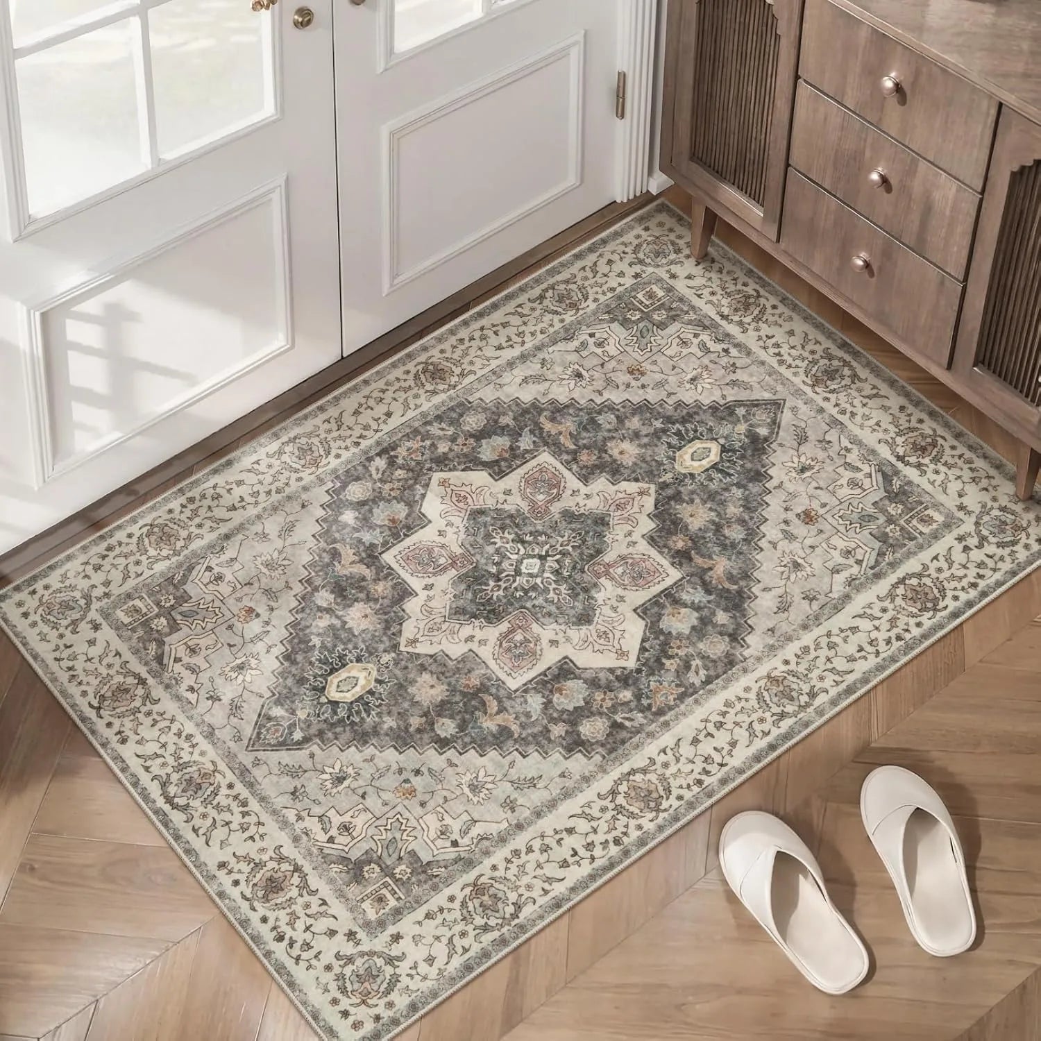 Felpudo de estilo persa vintage, alfombra suave antideslizante para interior o exterior, felpudo de entrada con diseño floral y geométrico