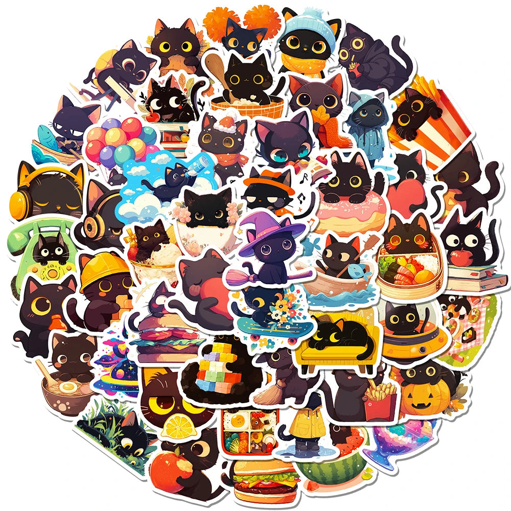 10/30/50pcs Mignon Chat Noir Graffiti Autocollants Esthétiques Décalcomanies Réfrigérateur Ordinateur Portable Téléphone Drôle Papeterie Autocollant Jouets pour Enfants