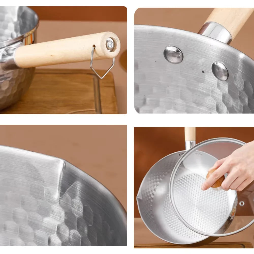 Casserole en acier inoxydable 430, casserole japonaise Snow Pan, wok à frire, poignée en bois, marmite, casserole à lait, ustensiles de cuisine, batterie de cuisine