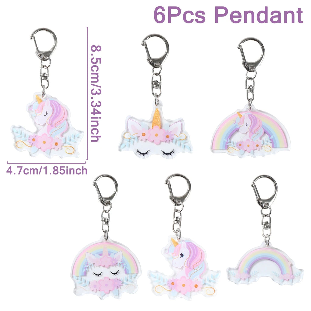 6 colgantes acrílicos de llavero de unicornio arcoíris, decoración de fiesta de cumpleaños de unicornio, regalos para niños, baby shower, recuerdos de boda