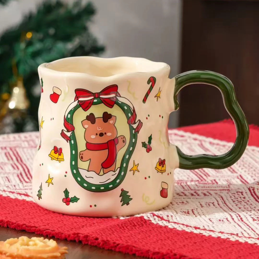 Juego de tazas de cerámica navideñas, tazas festivas de 380 ml con diseños de muñeco de nieve/Papá Noel/árbol, diseño adorable, regalo ideal de Navidad y vajilla, 4 estilos