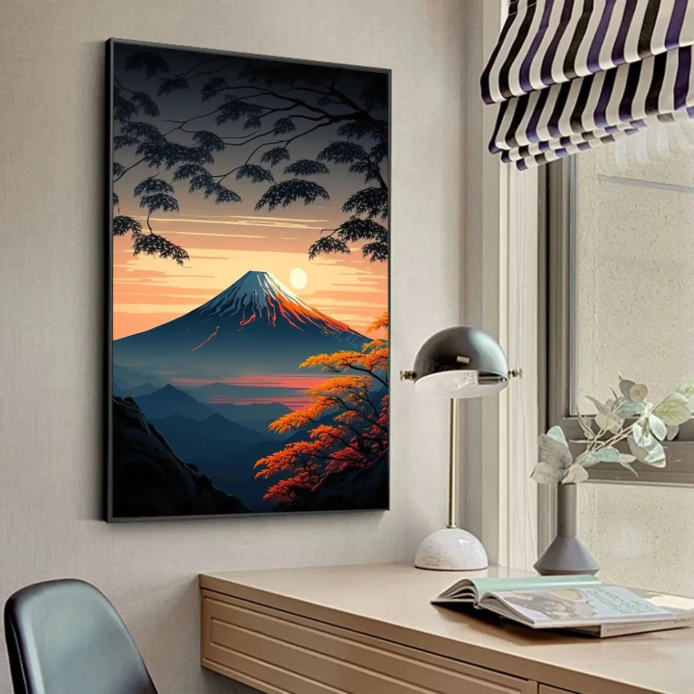 Póster Vintage Zen japonés con paisaje del Monte Fuji, peces Koi, póster HD, pósteres para decoración del hogar, habitación, bar, cafetería, pintura artística para pared