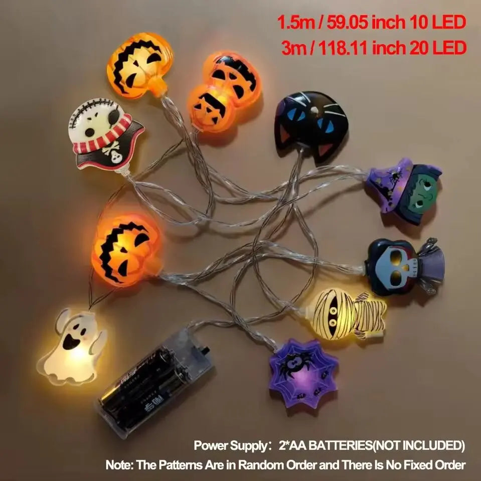 1 guirlande lumineuse d'Halloween 10/20 LED à piles en forme de fantôme, sorcière, chat, citrouille, toile d'araignée, squelette, momie, pirate pour l'intérieur
