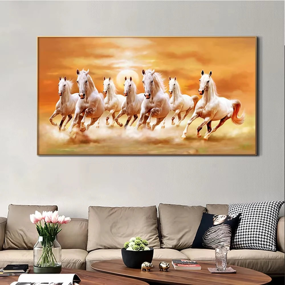 Tableau mural moderne et simple 7 chevaux blancs au galop Paysage coucher de soleil Impression sur toile HD Affiche Décoration maison salon chambre
