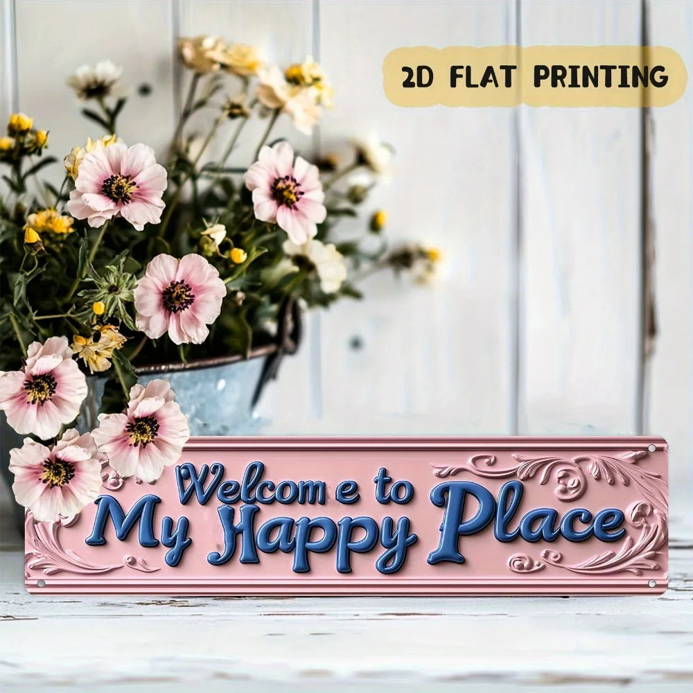 Letrero de metal rosa "Bienvenido a mi lugar feliz" vintage - Decoración rústica de vestíbulo y sala de estar de 4x16", regalo de inauguración de casa