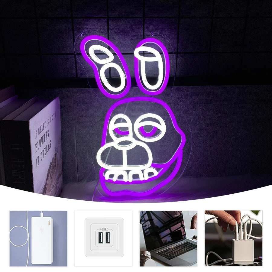 Enseigne néon Lapin Bonnie, utilisée pour la décoration murale, alimentation USB, chambre à coucher, salle de jeux, club, fête à thème, lampe murale enseigne pour caverne d'homme.