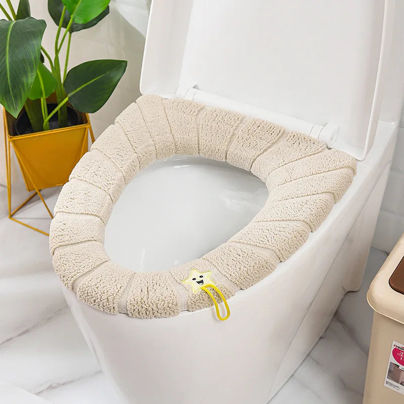 Funda de asiento de inodoro cálida de invierno, alfombrilla de inodoro para baño con asa, cojín grueso suave lavable, accesorios para calentador de inodoro