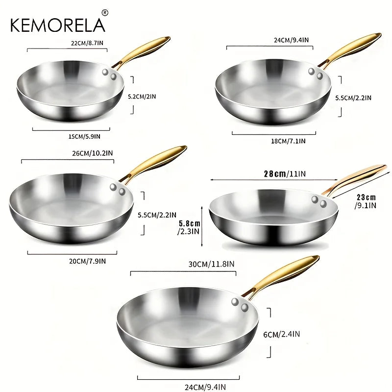 KEMORELA Sartén de Acero Inoxidable 316 con Mango Dorado Wok Antiadherente para Cocinar Filetes Olla Universal para Estufa de Gas