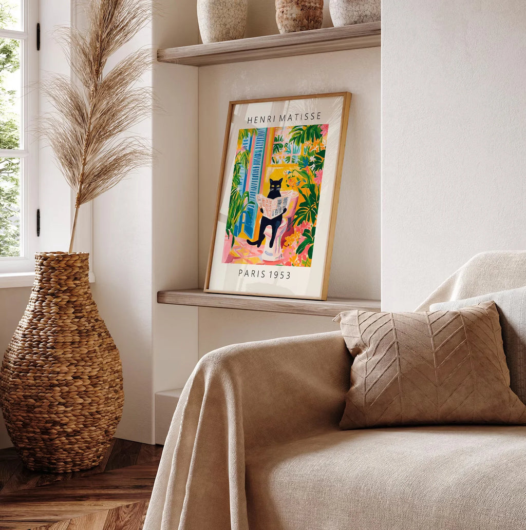 Gato negro en el inodoro, arte de pared para baño, póster de Matisse, decoración de baño divertida, decoración tropical rosa