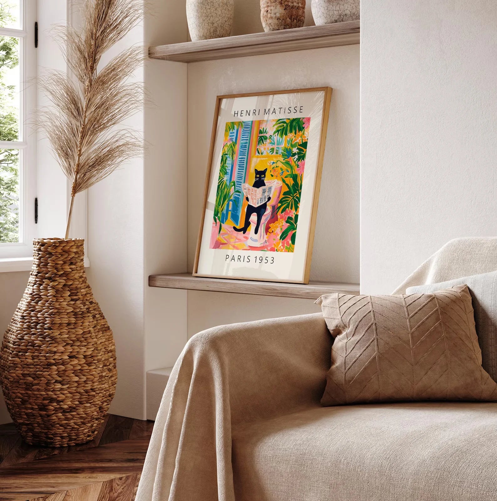 Gato negro en el inodoro, arte de pared para baño, póster de Matisse, decoración de baño divertida, decoración tropical rosa