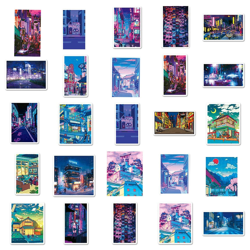 10/30/50 Pièces Autocollants Mignons de Paysages Urbains de Dessins Animés Autocollants Esthétiques Anime DIY pour Ordinateur Portable Journal Téléphone Décoration