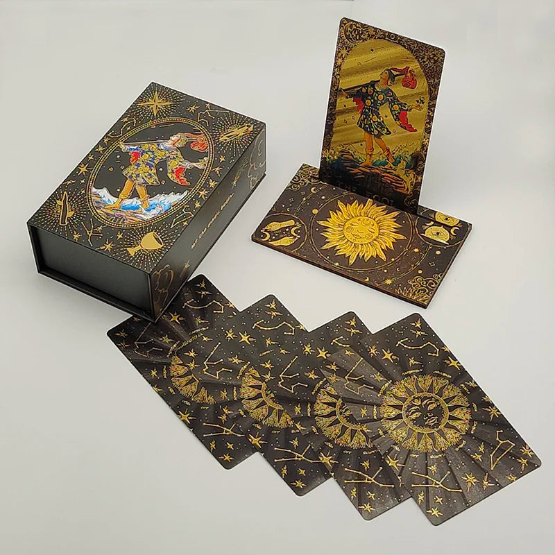 Baraja de tarot con lámina dorada Divinative Luxe Finish para juego de mesa fantástico predictivo con soporte de madera para cartas