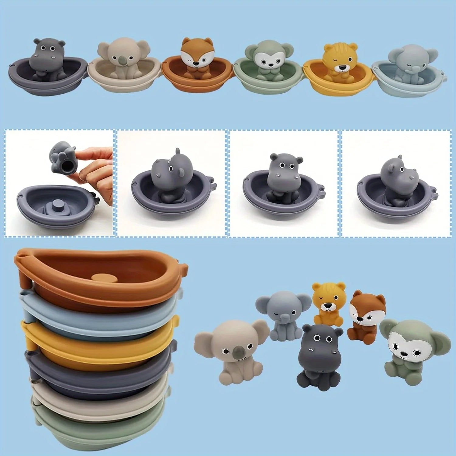 Ensemble de jouets de bain flottants empilables en forme d'animaux | Jeu sensoriel éducatif pour tout-petits avec ventouses pour le bain, la piscine et la plage