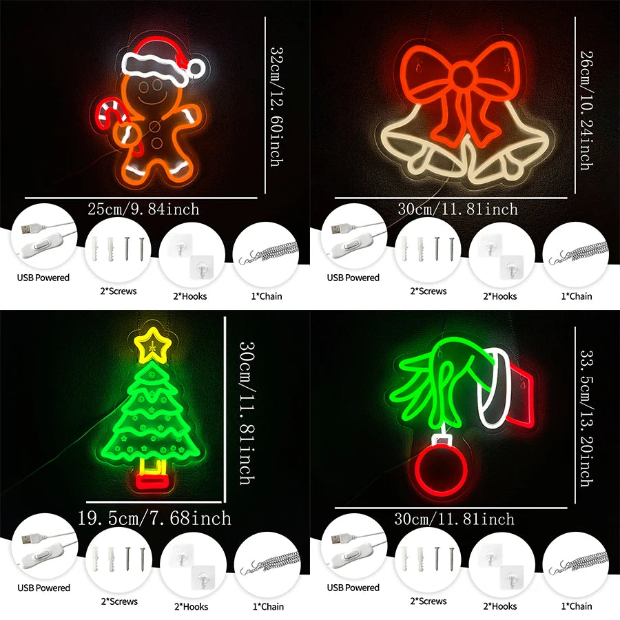 Série de Noël Enseignes Néon, Cloches et Icônes Bonhomme en Pain d'Épices, Alimentées par USB, Utilisées pour la Décoration Artistique de Chambre, Bar et Fêtes Thématiques.