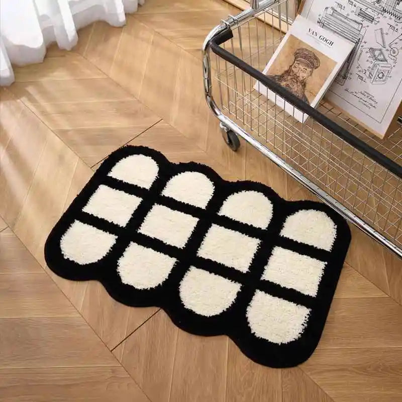 VIKAMA Alfombra corta de felpa estilo Ins, diseño simple en blanco y negro, para entrada, resistente al desgaste y a la suciedad, para baño.