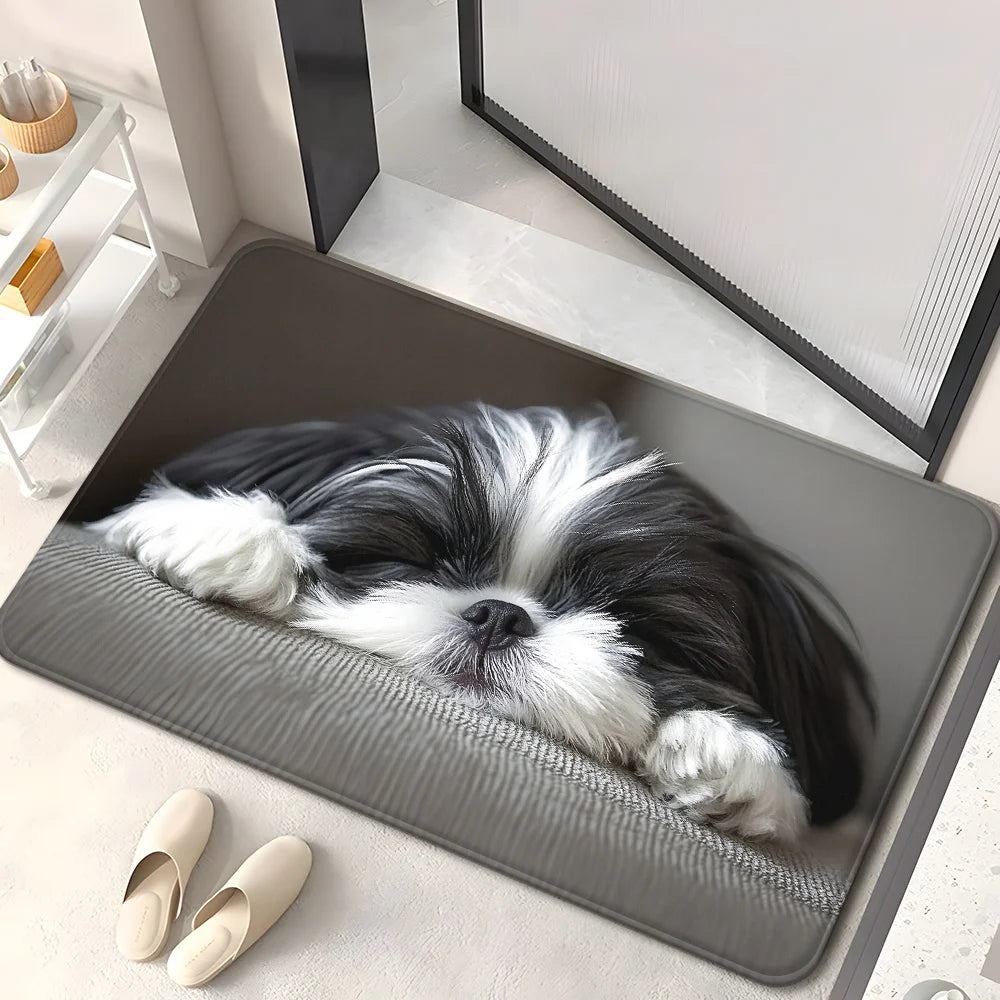 VIKAMA Paillasson mignon Shih Tzu, Tapis lavable pour animaux de compagnie pour chambres à coucher, salons et entrées, Lit pour chien de petite taille au design ludique