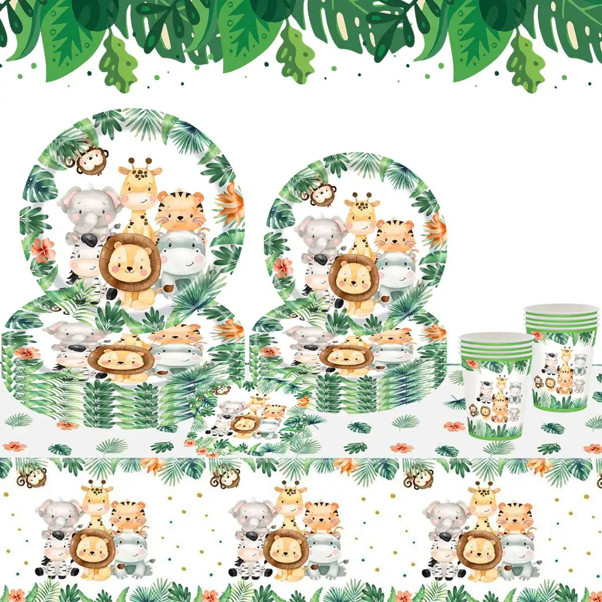 Nappe d'anniversaire animaux de la jungle, feuilles de palmier, nappe de fête d'anniversaire Safari dans la jungle, décoration pour enfants Wild One