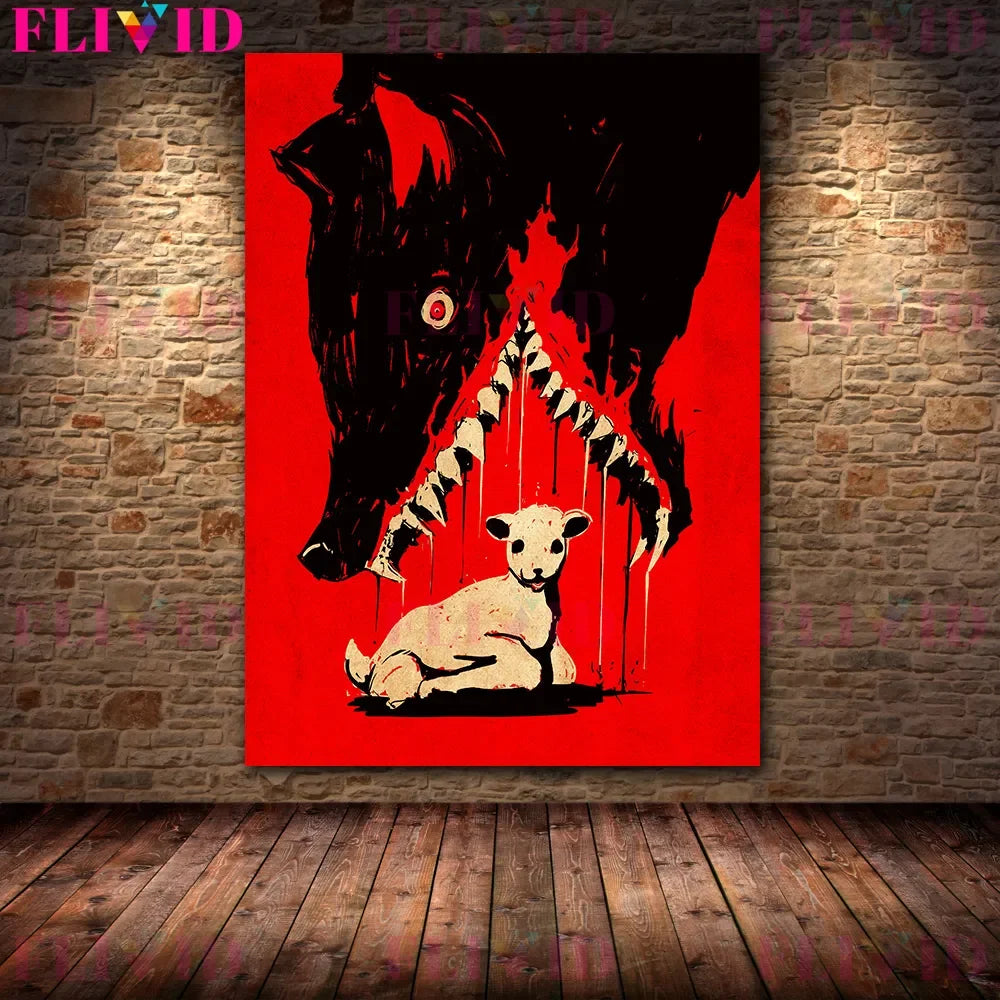 El lobo devora el cordero y el cuervo sangriento de la luna llena arte de pared vintage, animales de terror, póster e impresión de arte de minimalismo