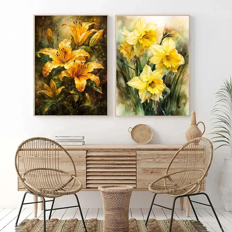 Classic, Vintage, Wall Art, Gold Black Roses Sunflowers, HD Canvas Printed Poster, Home Living Room Bedroom Decoration