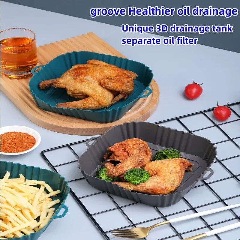 1PC Bandeja de silicona para horno de freidora de aire, bandeja de silicona para pizza de pollo frito, sartén de silicona sin aceite, accesorios para freidora de aire