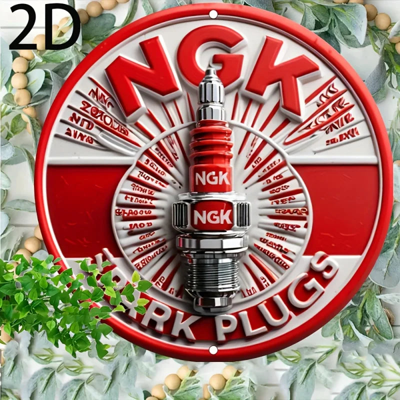 Letrero de pared de aluminio NGK Spark Plugs 2D plano, placa redonda de metal retro 2D, perforado previamente, impermeable, resistente a la intemperie