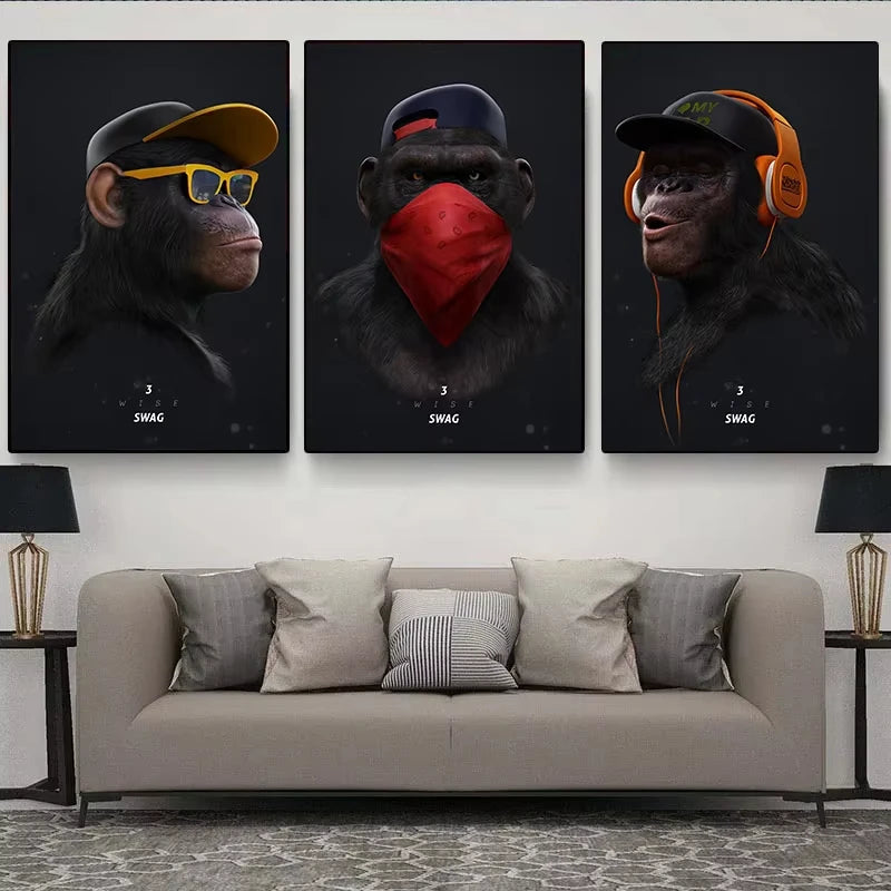 Tres monos con swag, pósteres e impresiones en lienzo, pinturas de moda de monos de hip hop para pared, arte, cuadros de animales, decoración de habitación