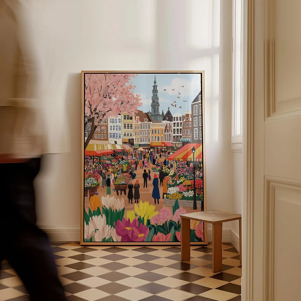 Mercado de flores de Ámsterdam Pintura a la acuarela, Arte de pared de Ámsterdam, Lámina de canales de Ámsterdam, Lámina de viaje de Países Bajos, Póster de ciudad, Nacimie