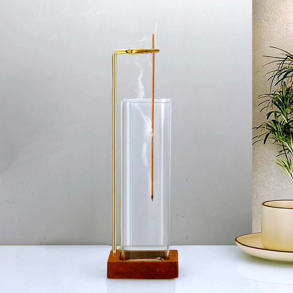 Soporte de incienso de vidrio, soporte de incienso de madera para varillas con recogedor de cenizas de vidrio, quemador de incienso anti-cenizas voladoras para yoga y decoración del hogar
