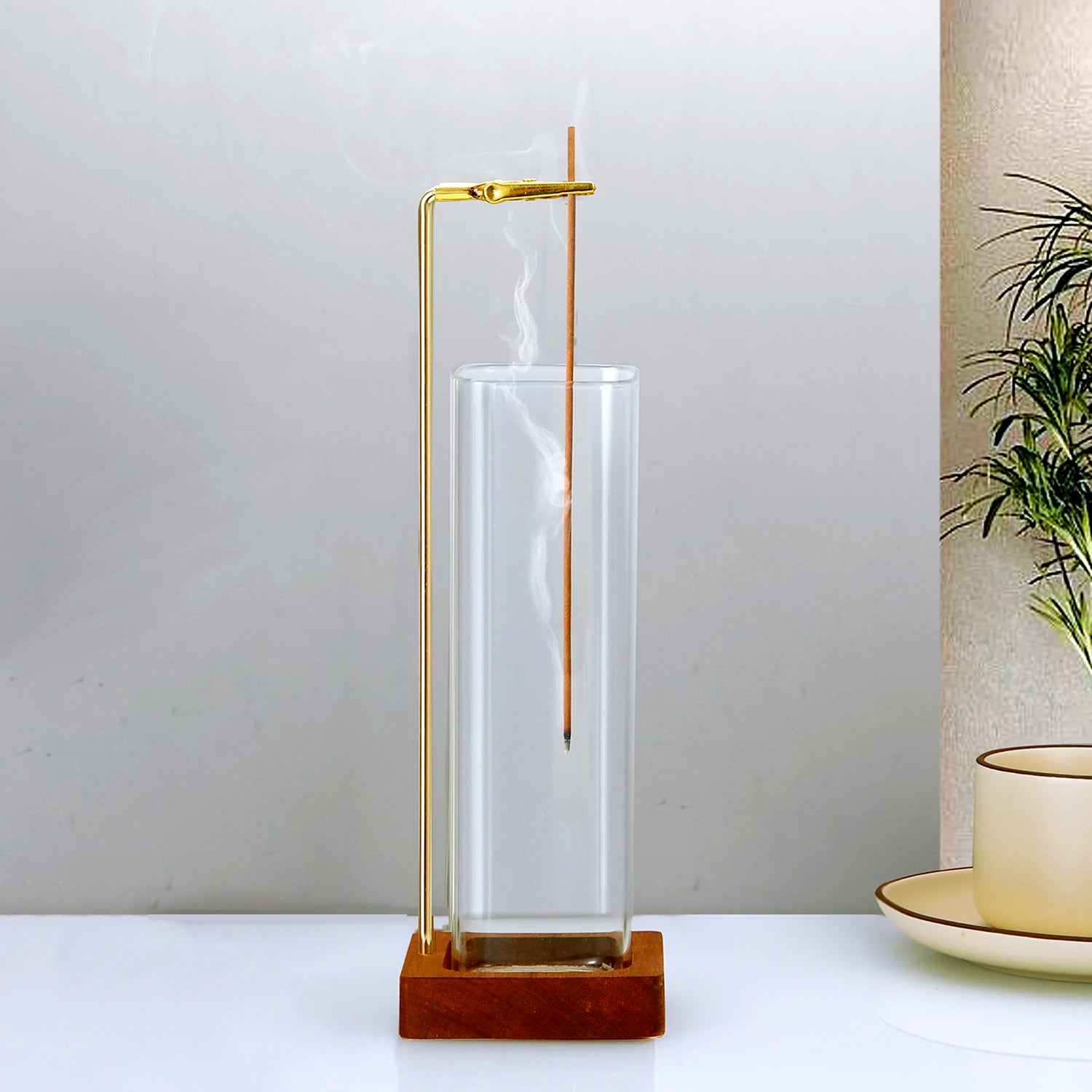 Soporte de incienso de vidrio, soporte de incienso de madera para varillas con recogedor de cenizas de vidrio, quemador de incienso anti-cenizas voladoras para yoga y decoración del hogar