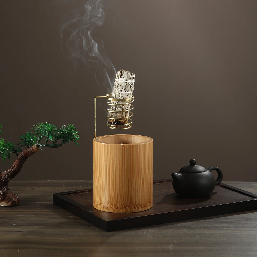 Support en bambou pour Palo Santo, brûleur en métal, support de sauge avec plateau de récupération des cendres en bambou, porte-encens pour méditation, yoga, spa
