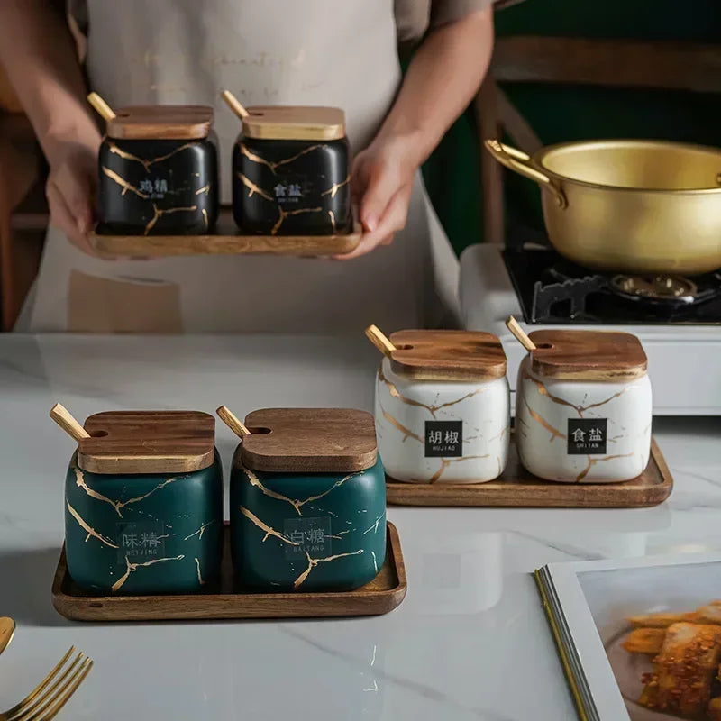 Juego de dos tarros de condimentos esmerilados para cocina japonesa, de cerámica con diseño de mármol, combinado, para sal, azúcar y especias.
