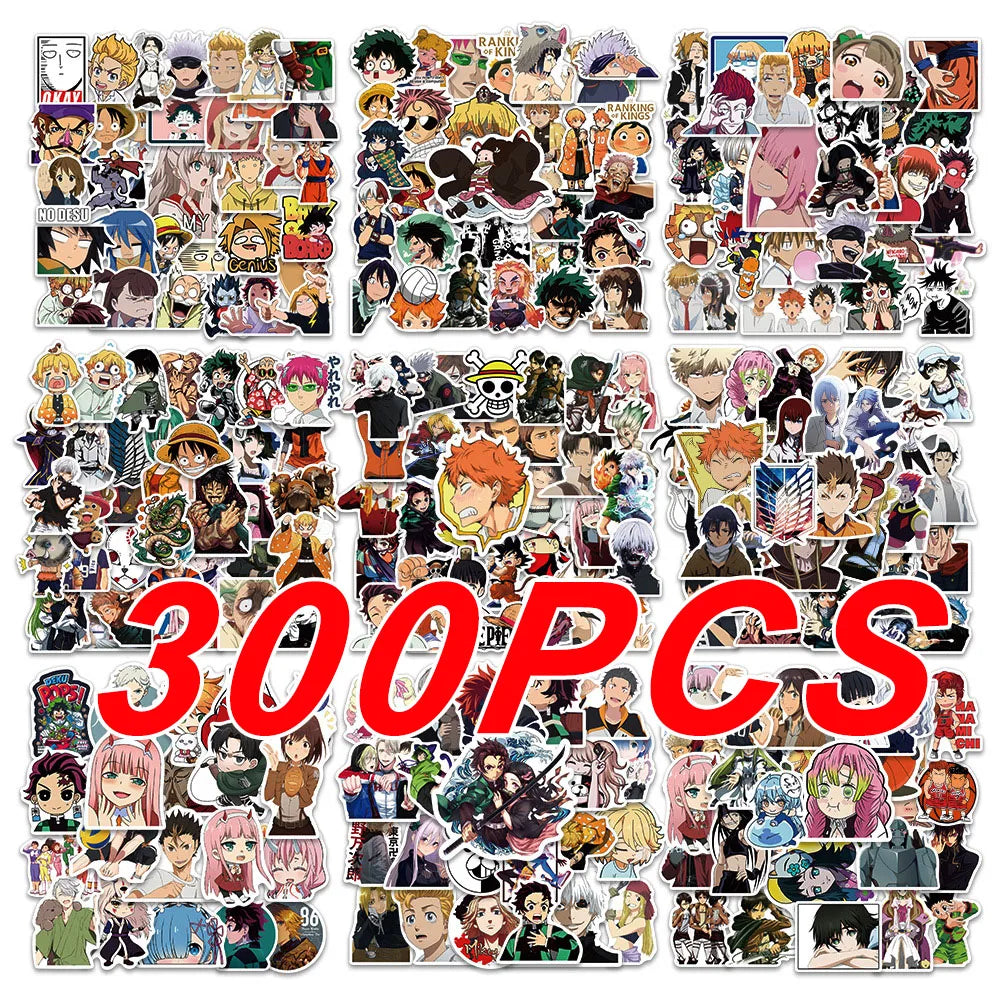 300 pegatinas de anime variadas para niños de One Piece, Jujutsu Kaisen, Dragon Ball, pegatinas de bricolaje para coche, pared, calcomanías geniales de dibujos animados, juguete impermeable