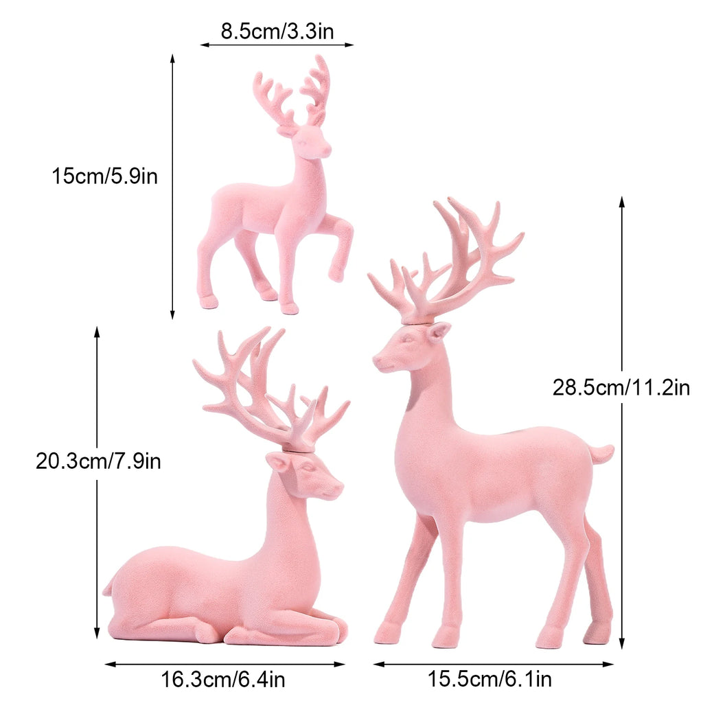 3 figuras grandes decoraciones navideñas de reno flocado rosa, estatua de decoración navideña, alce blanco de resina sintética sólida