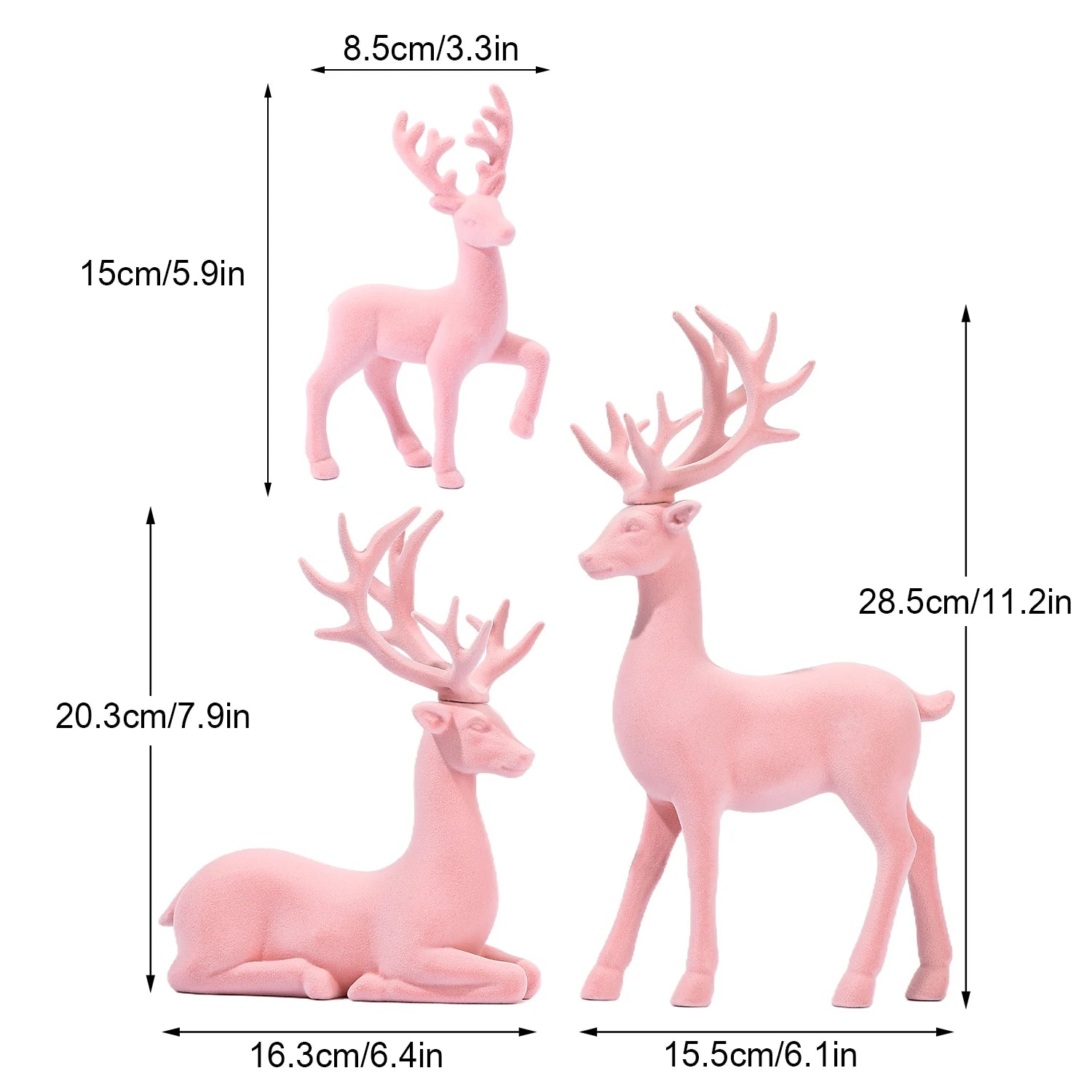 3 figuras grandes decoraciones navideñas de reno flocado rosa, estatua de decoración navideña, alce blanco de resina sintética sólida
