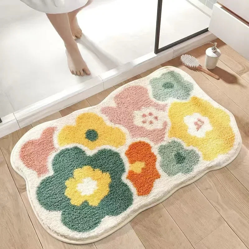 VIKAMA | Alfombra de cachemira sintética con flores frescas - Antideslizante, alfombrilla de baño absorbente/felpudo para salón/alfombrilla multiusos