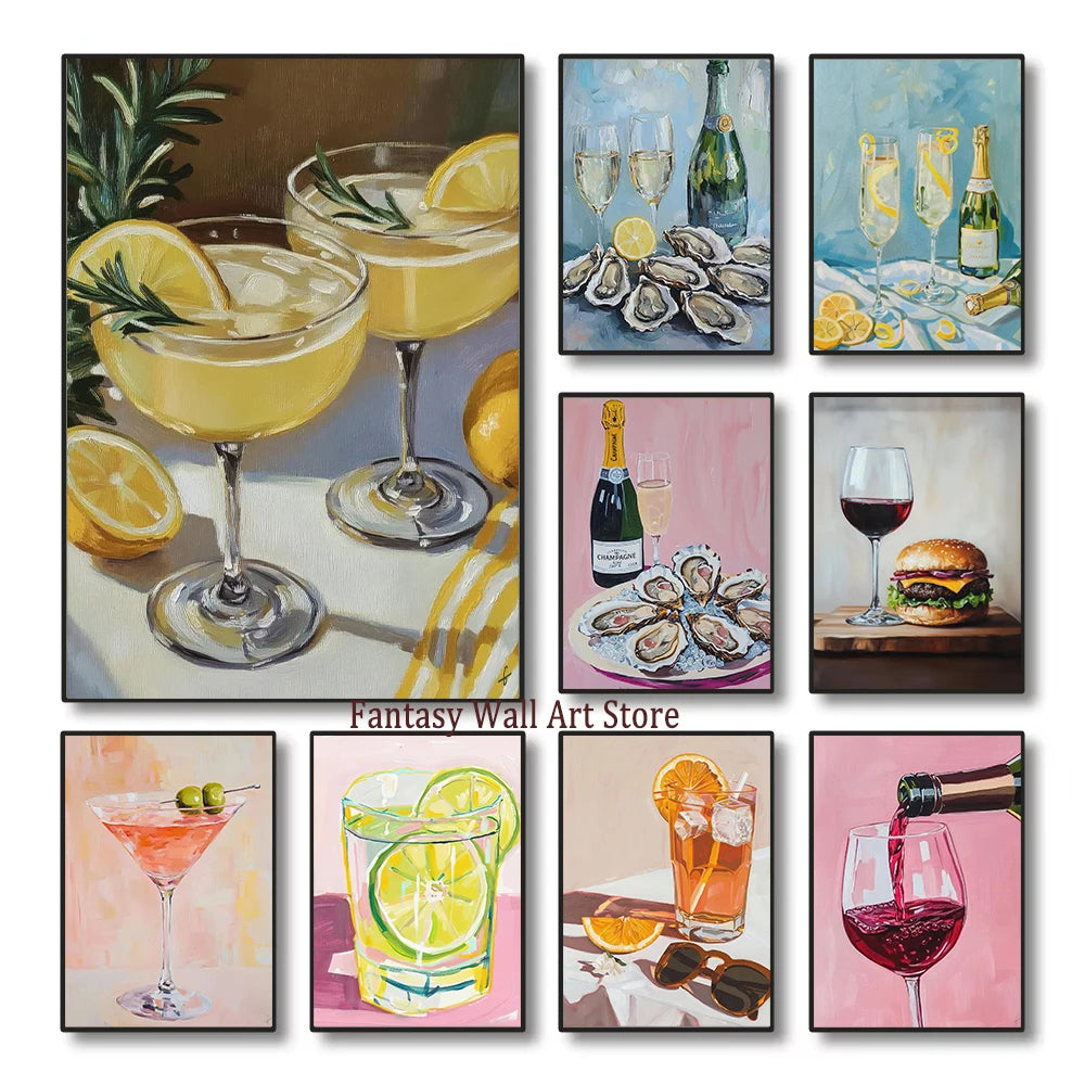 Alimentation Cuisine Cocktail Vin Art Déco Impression sur toile Affiche Cuisine Salle à manger Salon Décoration murale esthétique Impressions pour gourmands
