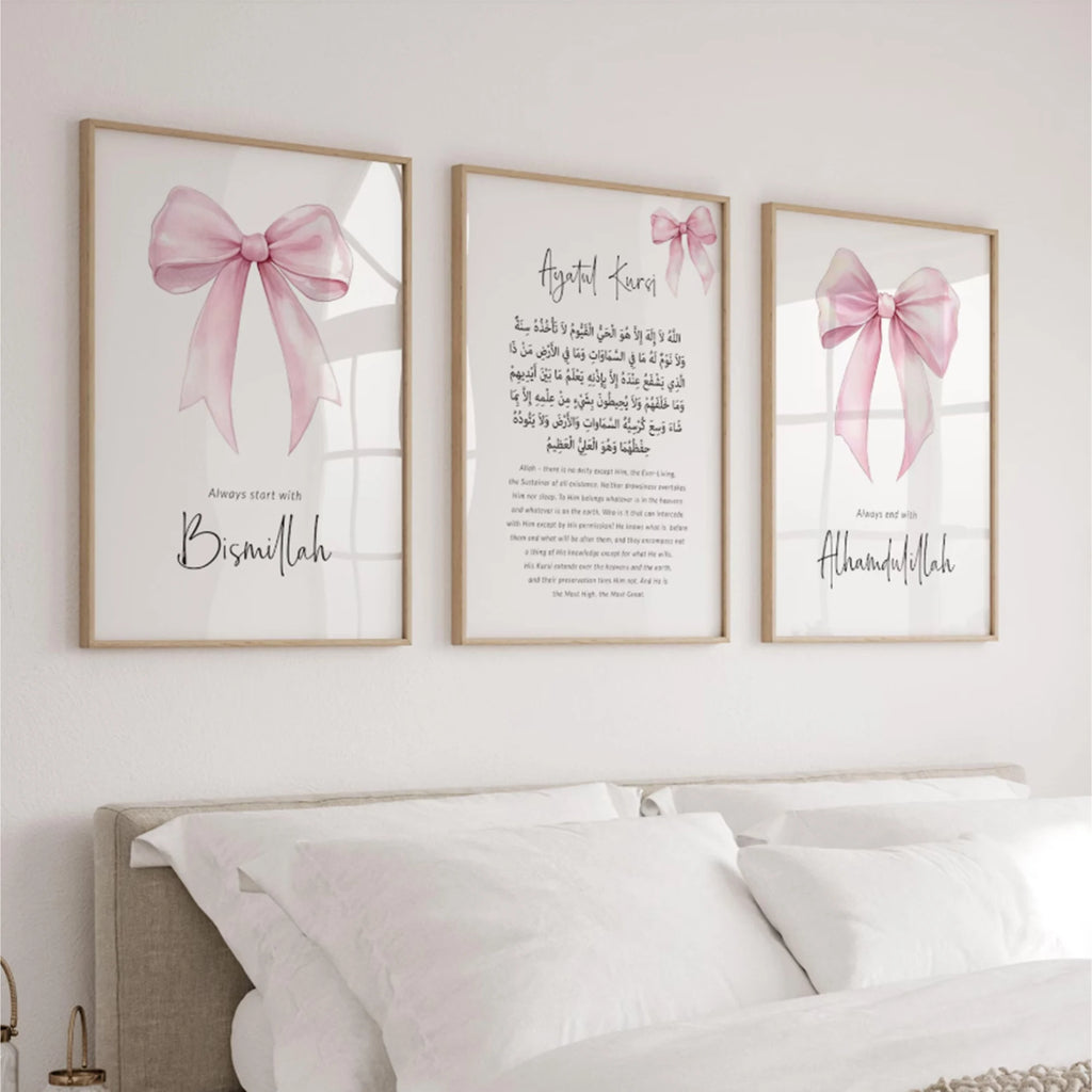 Lienzo decorativo de pared para habitación de bebé, niña, islámico, musulmán, con lazo rosa, para sala de estar, dormitorio, decoración del hogar