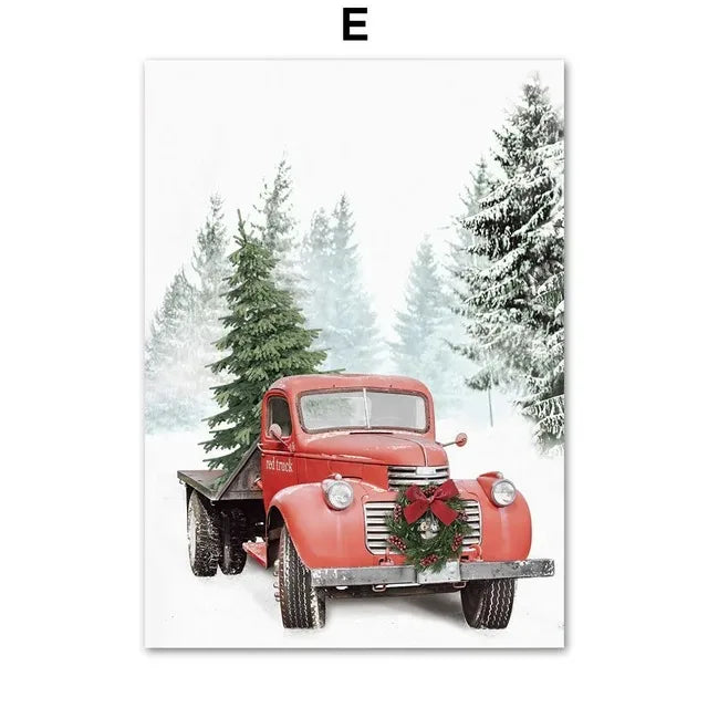 Pintura en lienzo de arte de pared con diseño de paisaje nevado de invierno, póster de Papá Noel de pino y alce e impresión para la decoración navideña del hogar y diseño de sala de estar