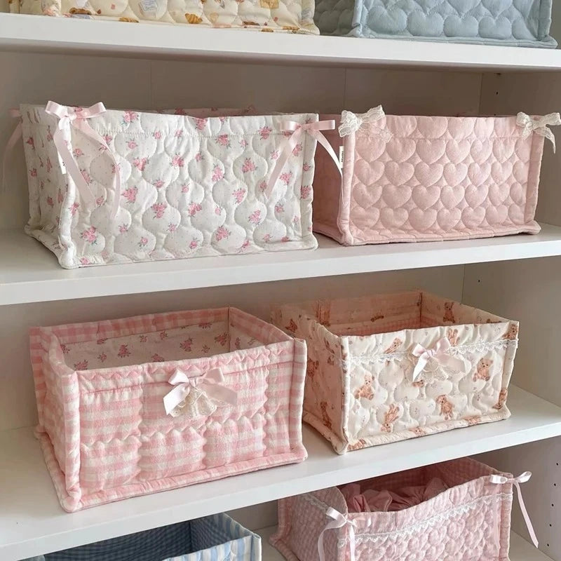 Cesta de almacenamiento cuadrada con encaje y flores, organizador de escritorio, cesta de almacenamiento acolchada coreana, bonita cesta de almacenamiento, decoración del hogar
